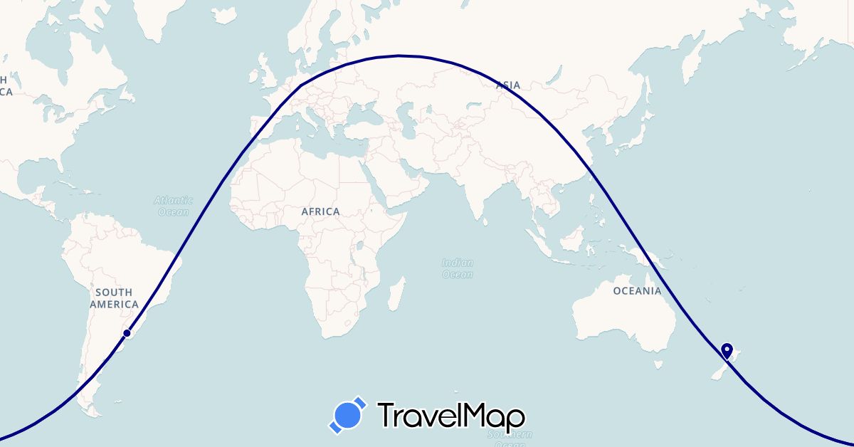 TravelMap itinerary: driving in Germany, Spain, New Zealand, Uruguay (Europe, Oceania, South America)